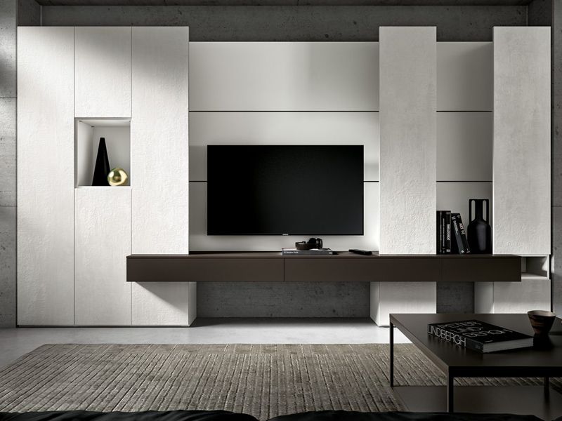 Living CALCE Bianca con piano dark wood. L 300 x H 261 x P 352/482 cm a scelta  PREVENTIVO SU RICHIESTA