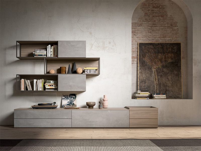 Living GABBIA con ante calce grigia,cassetti e schiene country wood e pensili gabbia in dark brown L 300 x H 190 x P 352/482 cm a scelta  PREVENTIVO SU RICHIESTA