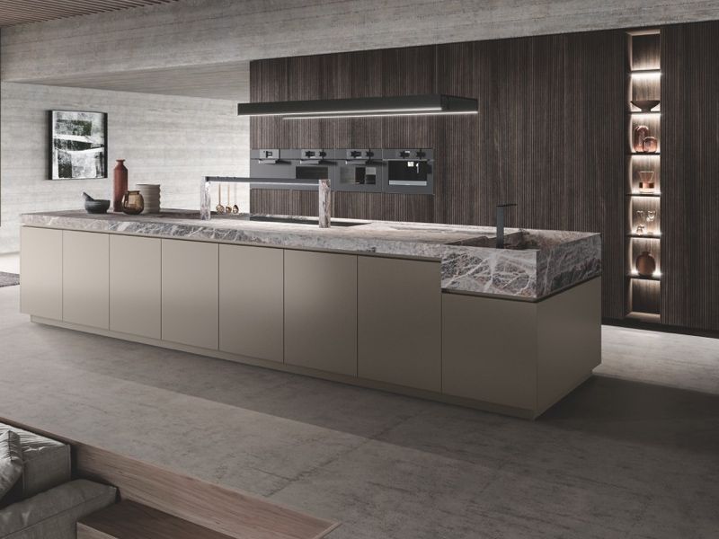Cucina Milled . Basi laccate e top con lavello integrato in qarzo. Colonne con ante in cannettato. Molteplici possibilità di finiture e top diversi PREZZO SU RICHIESTA  PREVENTIVO SU RICHIESTA