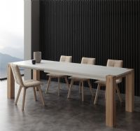 Tavolo Factory bicolor 694 BL<br />PIANO H 77 / GAMBE (12X12) FRASSINO OLIVATO MASSELLO* SPAZZOLATO TINTO:<br />bicolor (piano e allunghe laccato bianco poro aperto)<br />? MISURE: 160 x 90 aperto 210/260 (2 allunghe laccate)